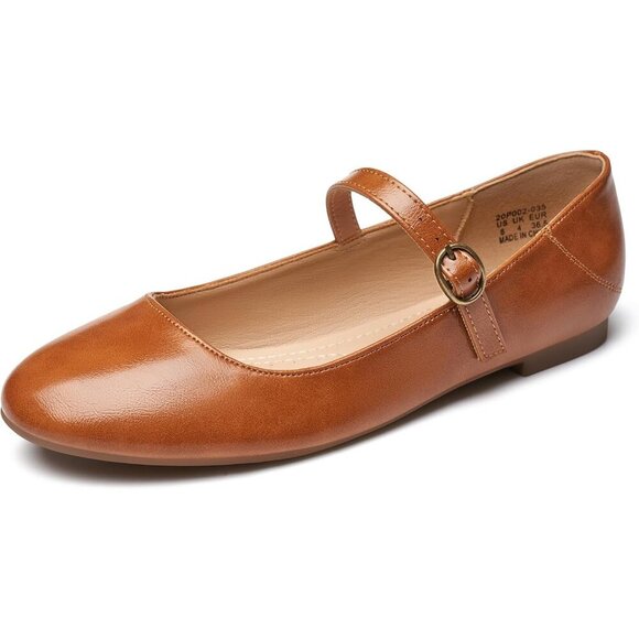 Elegant Brown Mary Jane Flats for Women – Soft Faux Leather with Ankle Strap